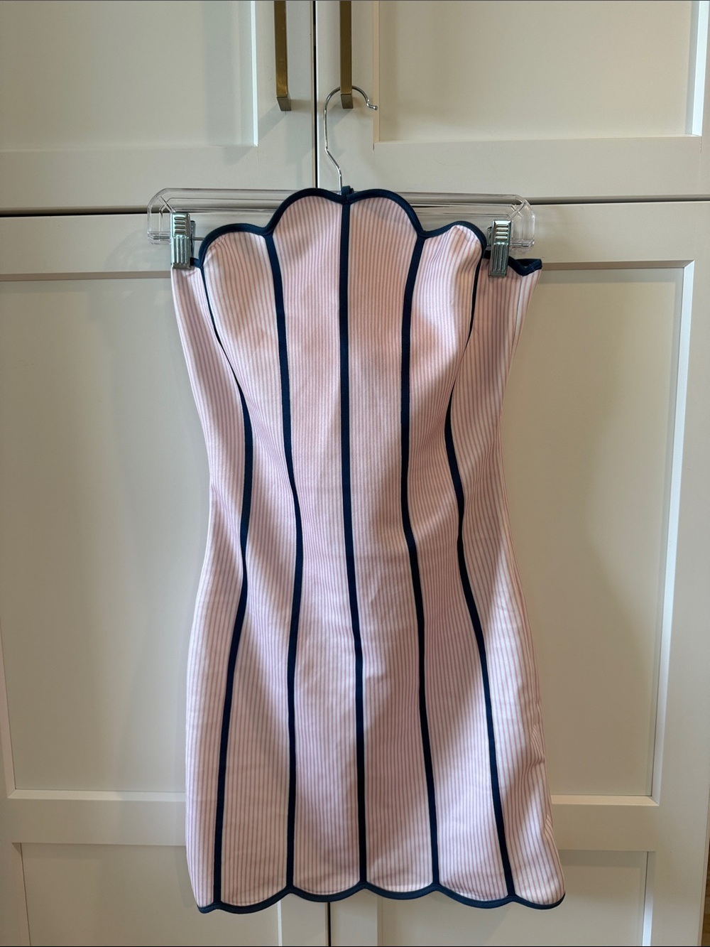 Strapless Pink Scallop-Edge Mini Dress with Navy Trim